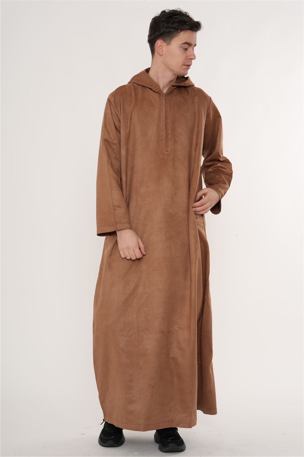 Men Camel Brown Hooded Suede Thobe Emirati Omani Zip Islamic Clothing Kaftan Eid