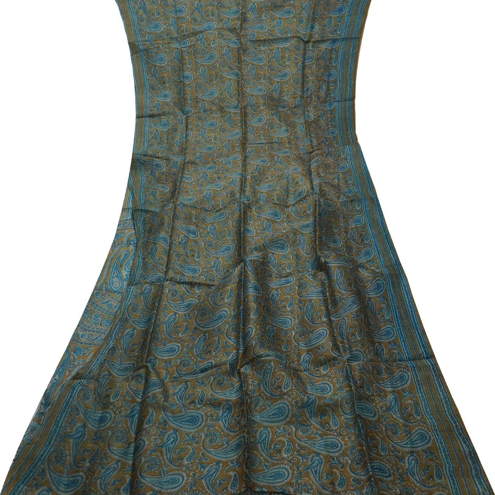 Namaste Vintage Blue Sarees 100% Pure Silk Paisley Printed Sari 5YD Craft Fabric
