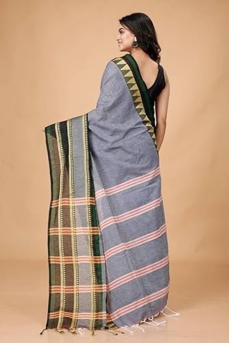 Traditional Cotton Khadi Handloom Saree Geometric Border, Cotton Blend