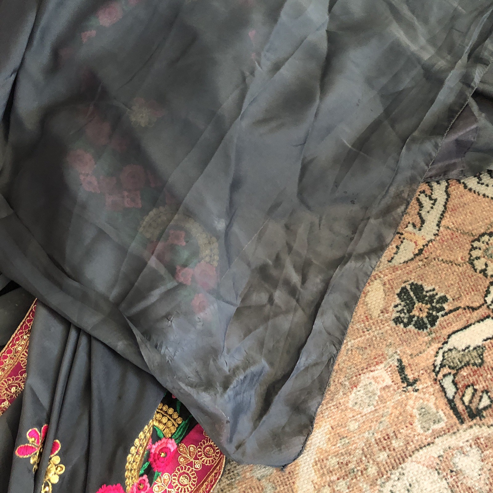 Saree Sari Metallic Sequined Embroidered Floral Scarf Gray Pink ￼Costume 5 Yd