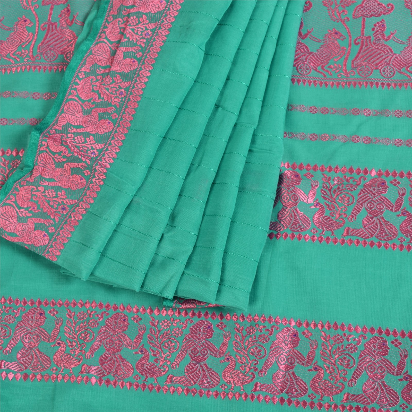 Sanskriti Vintage Green Sarees Pure Cotton Woven Baluchari Unique Sari Fabric