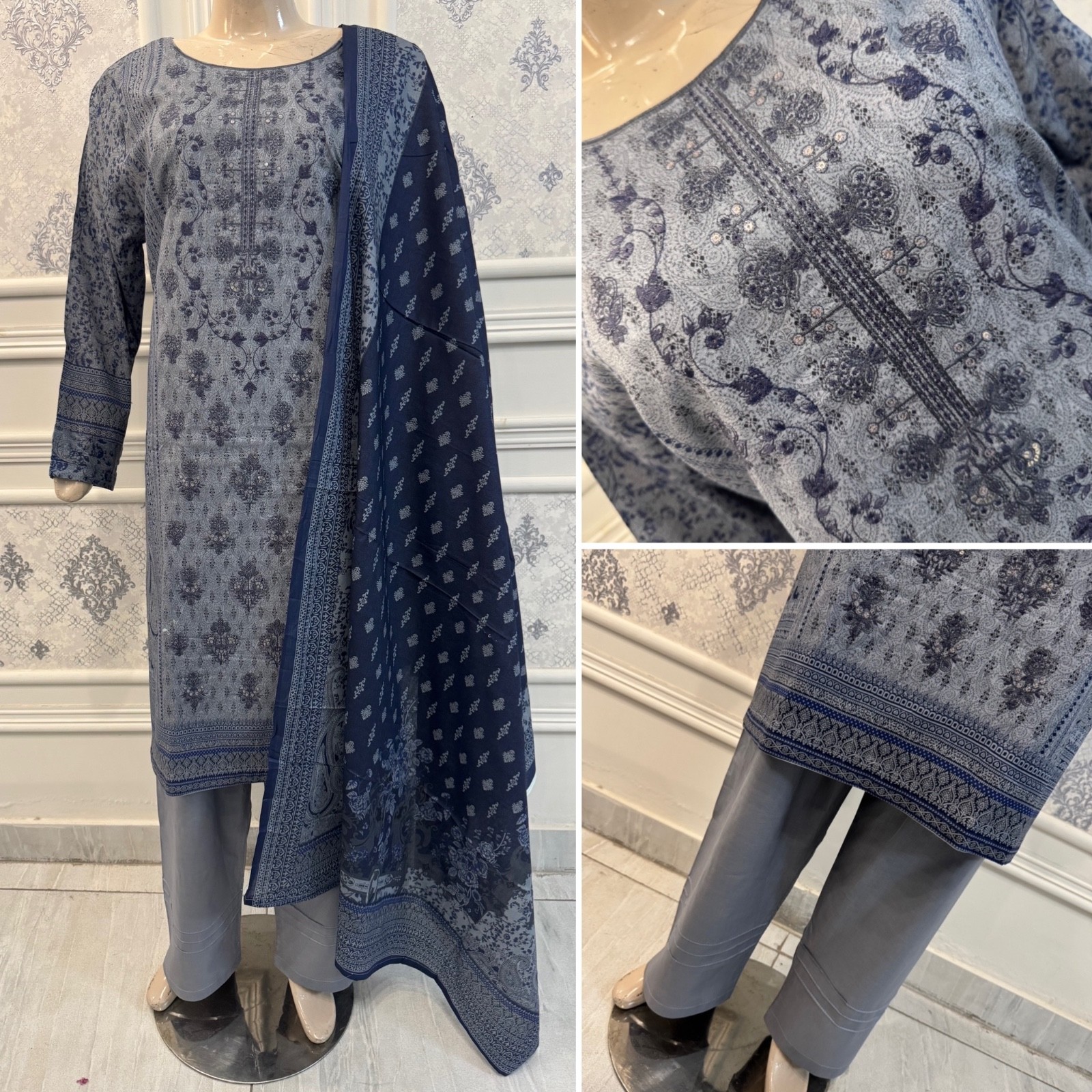 Pakistani Gray & Blue Printed Straight Shirt 3PCS Lawn Suit w/ Threadwork ,XL#3