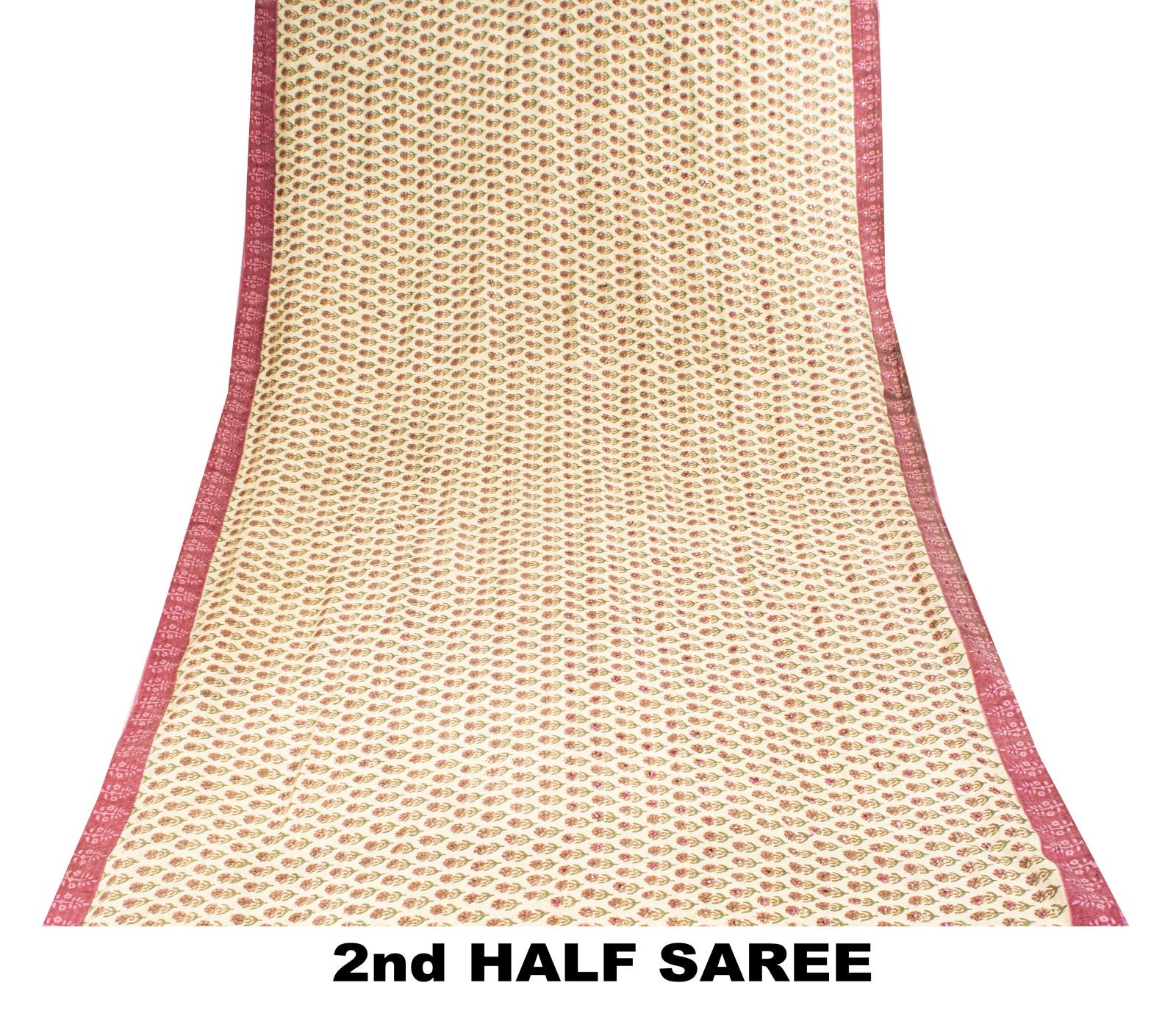 Sanskriti Vintage Saree Cream Pure Woolen Sanganeri Hand Block Print Sari 5.5+Yd