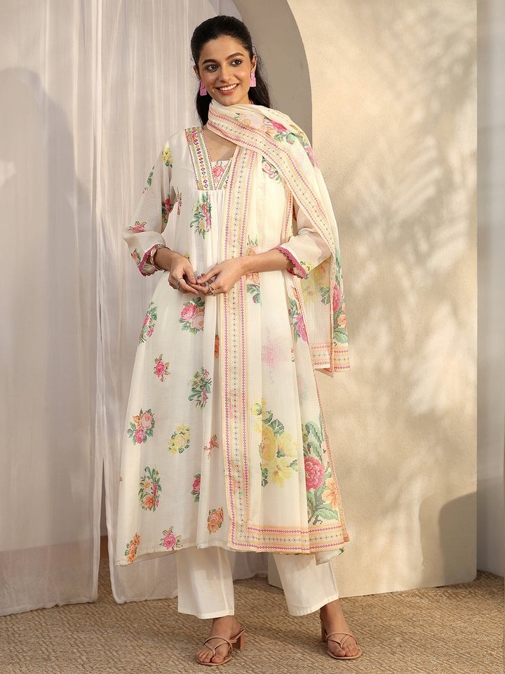 White Floral Printed A-Line Kurta with Trousers & Dupatta