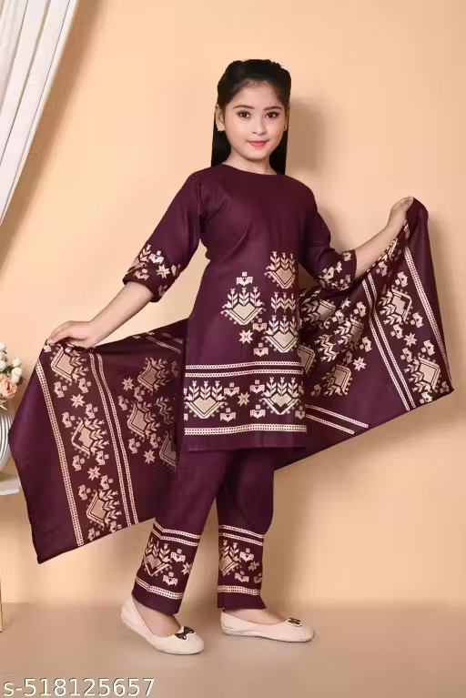 Traditional New Trending Kids Girls Kurta Pyjama And Dupatta Set for Diwali
