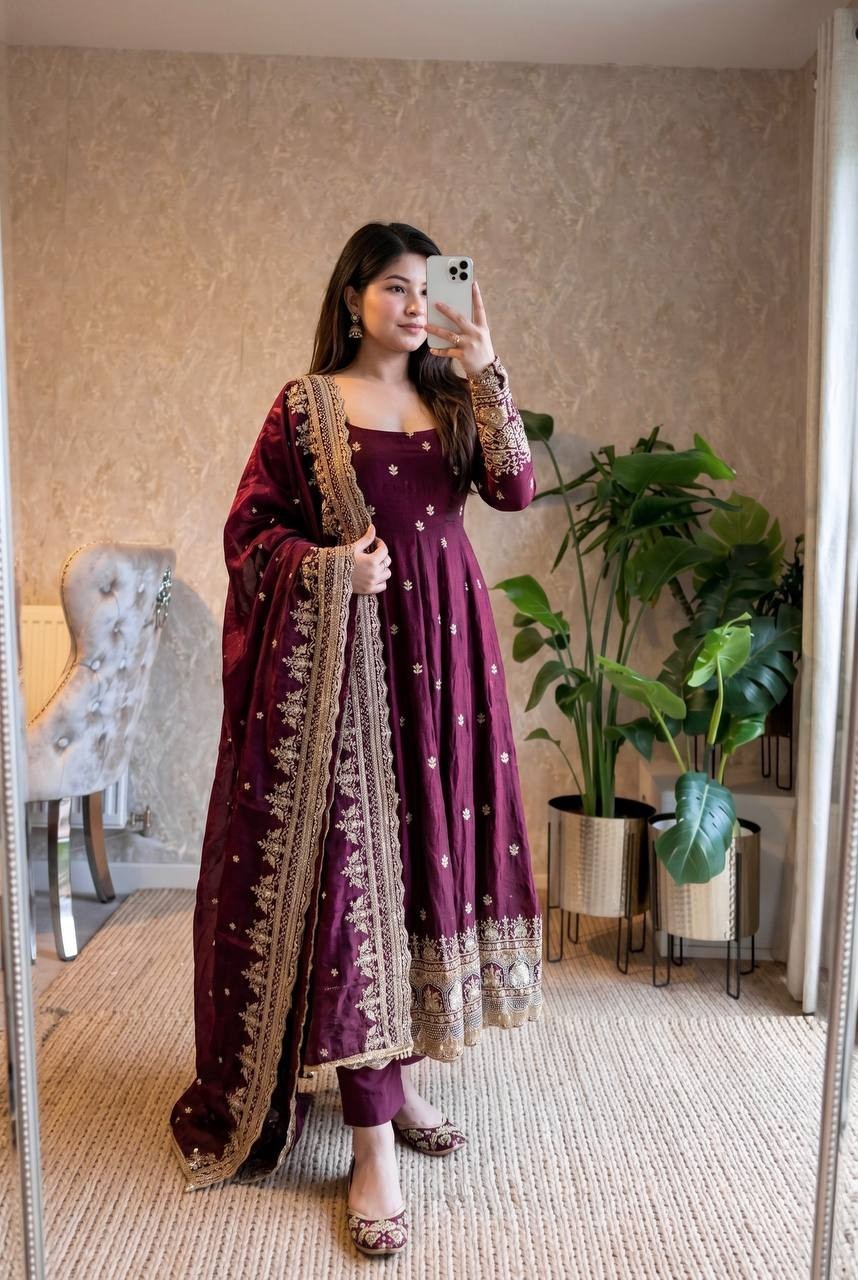 Sangeet Reception Dance Wear Anarkali Gown with Dupatta & Pant Set
