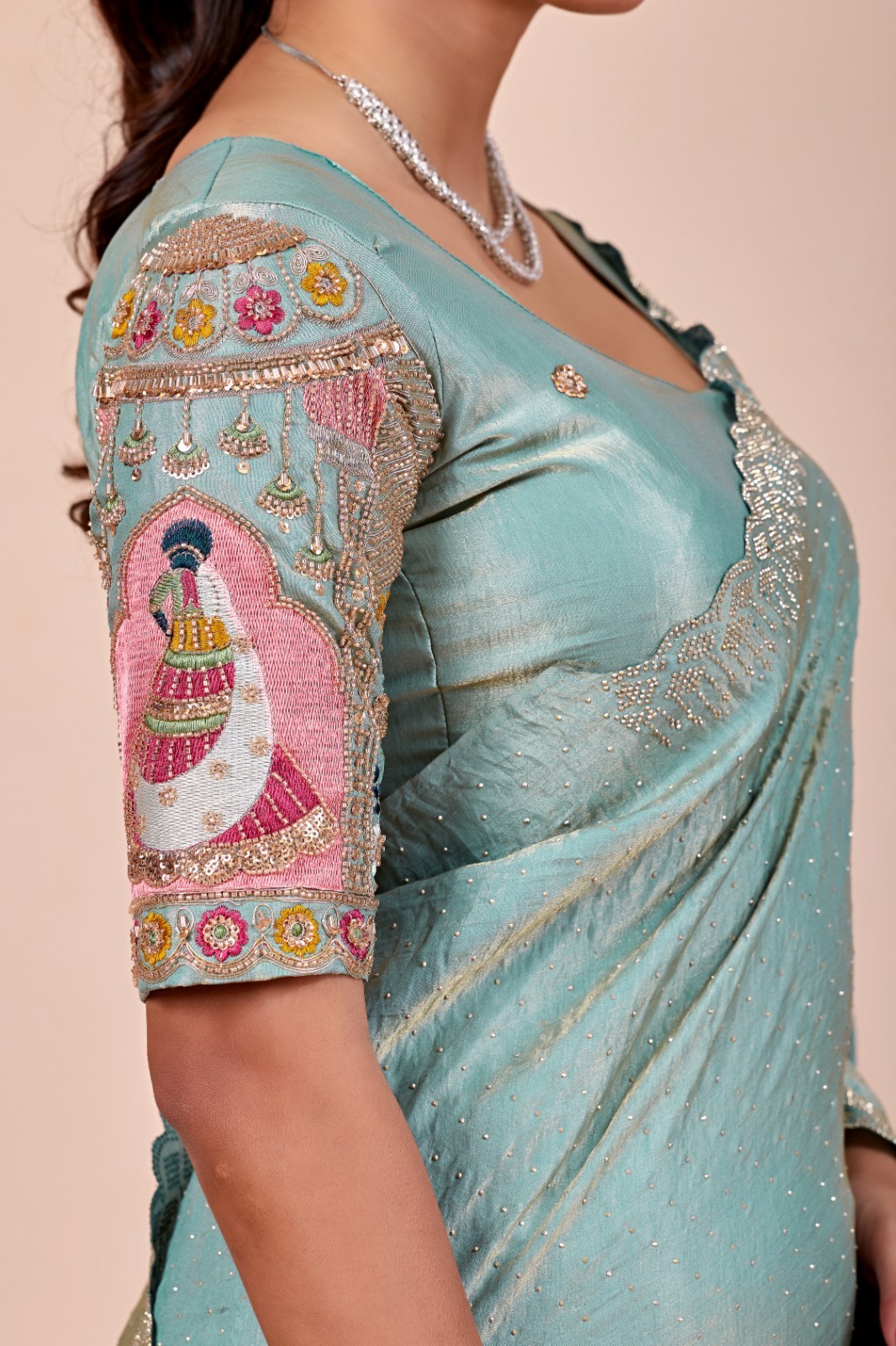 Sky Blue Glory Satin Two-Tone Saree Heavy Embroidered Designer Blouse Wedding