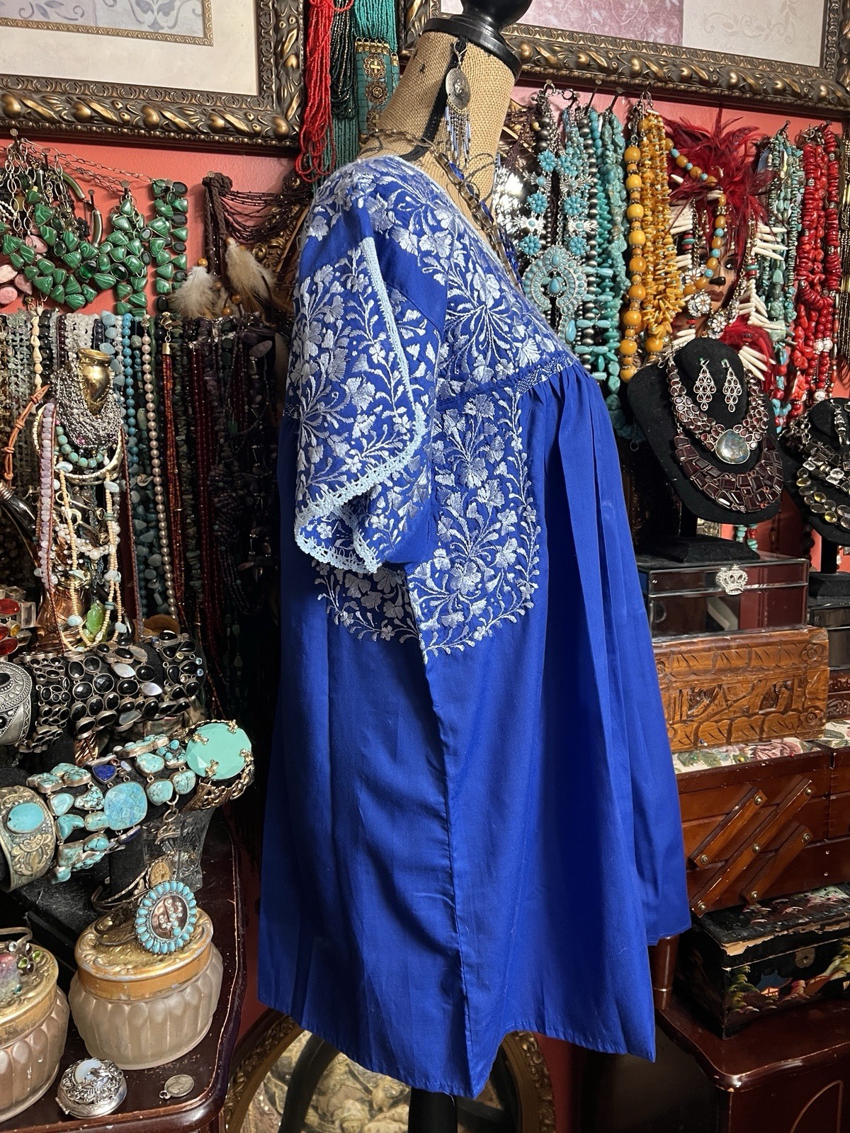 BEAUTIFUL El INTERIOR MEXICAN OAXACA BLUE & SILVER SILK EMBROIDERY TUNIC XL