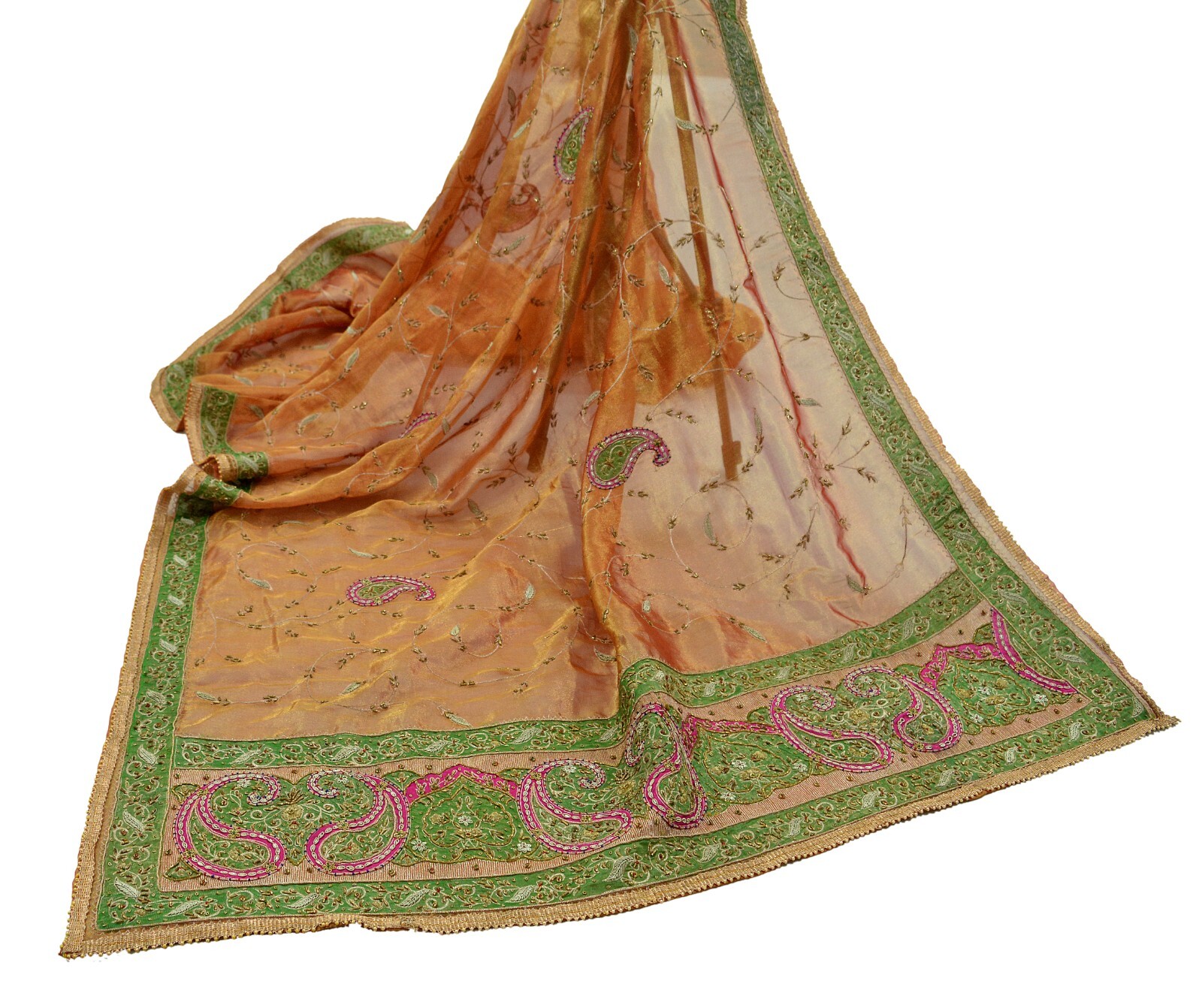 Vintage Heavy Golden Dupatta Pure Tissue Silk Long Stole Hand Embroidered Scarf