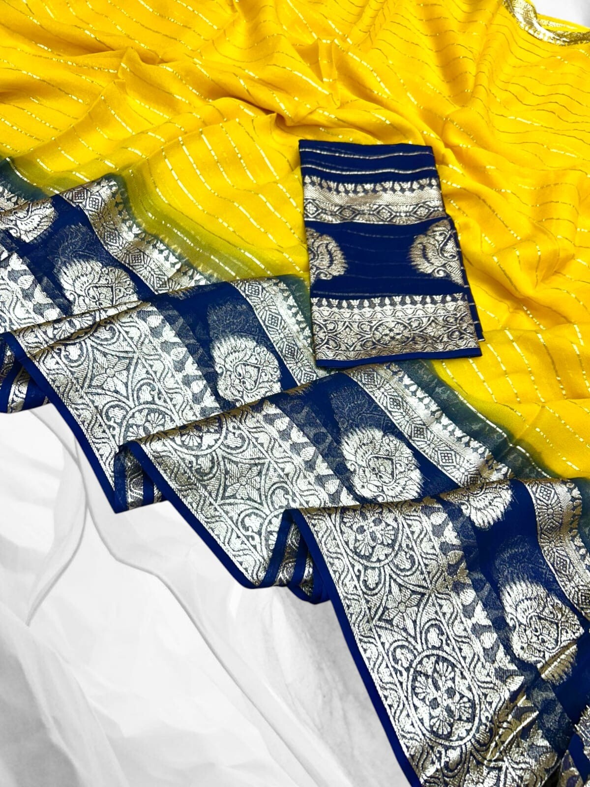 Viscose Georgette 2D Hand-dyed Saree,Fancy Jacquard Border Saree,Contrast Blouse