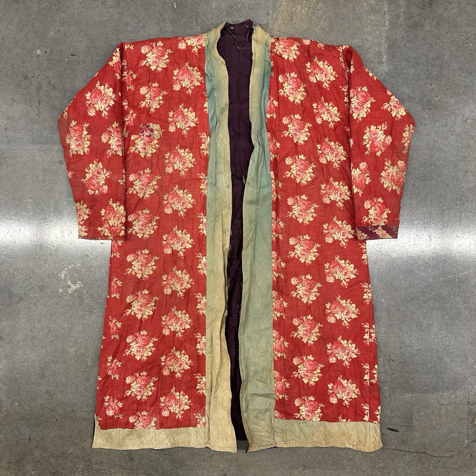 Vintage Hand Quilted Boho Kimono Long Robe Red Floral Cotton Ethnic Chapan Coat