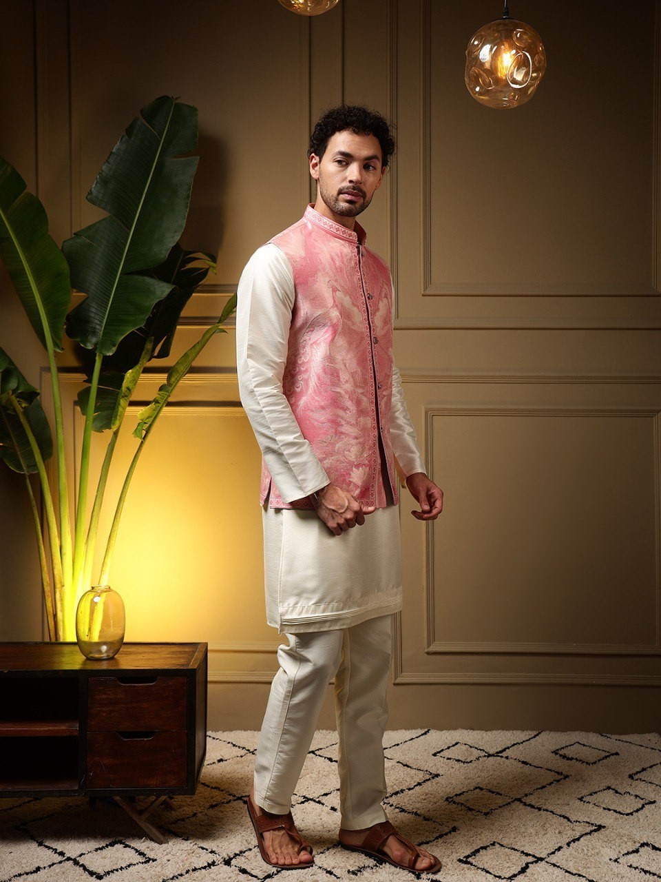Mens Indian Kurta Pajama Koti Set Silk Embroidered Wedding Party Ethnic Wear