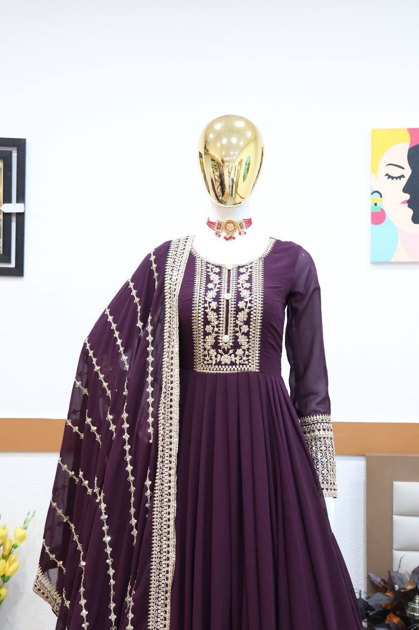 Ethnic Wear Wine Faux Georgette Gown With Dupatta For Women & Girls