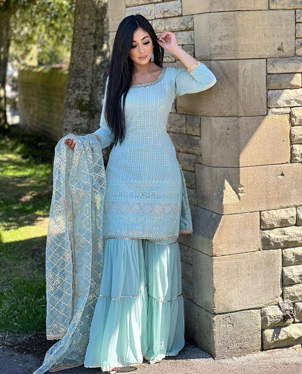 New Classy Georgette Palazzo Suit And Sky Blue Dupatta For Reception Wear
