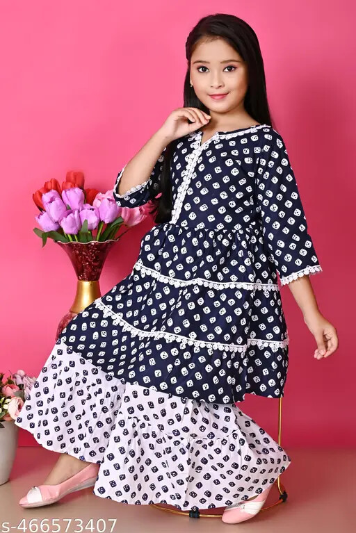 Eid Kurti Indian Traditional Girls Ethnic Kurta Sarara Set for Kids