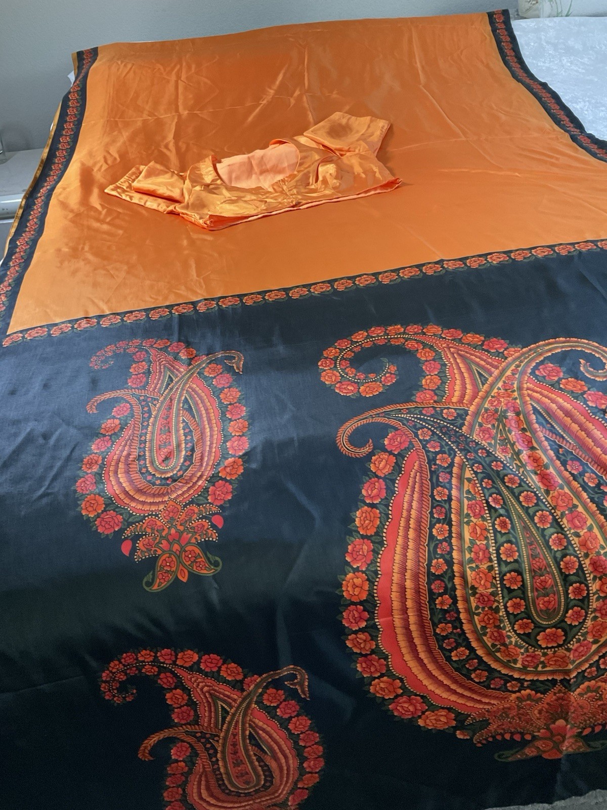 Orange And Black Indian Silk Saree With Stitched Blouse Japan