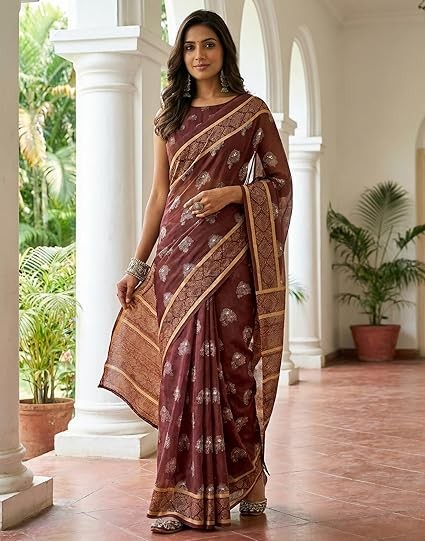 Women’s Chanderi Cotton Printed One Minute Ready To Wear Saree With Unstitched