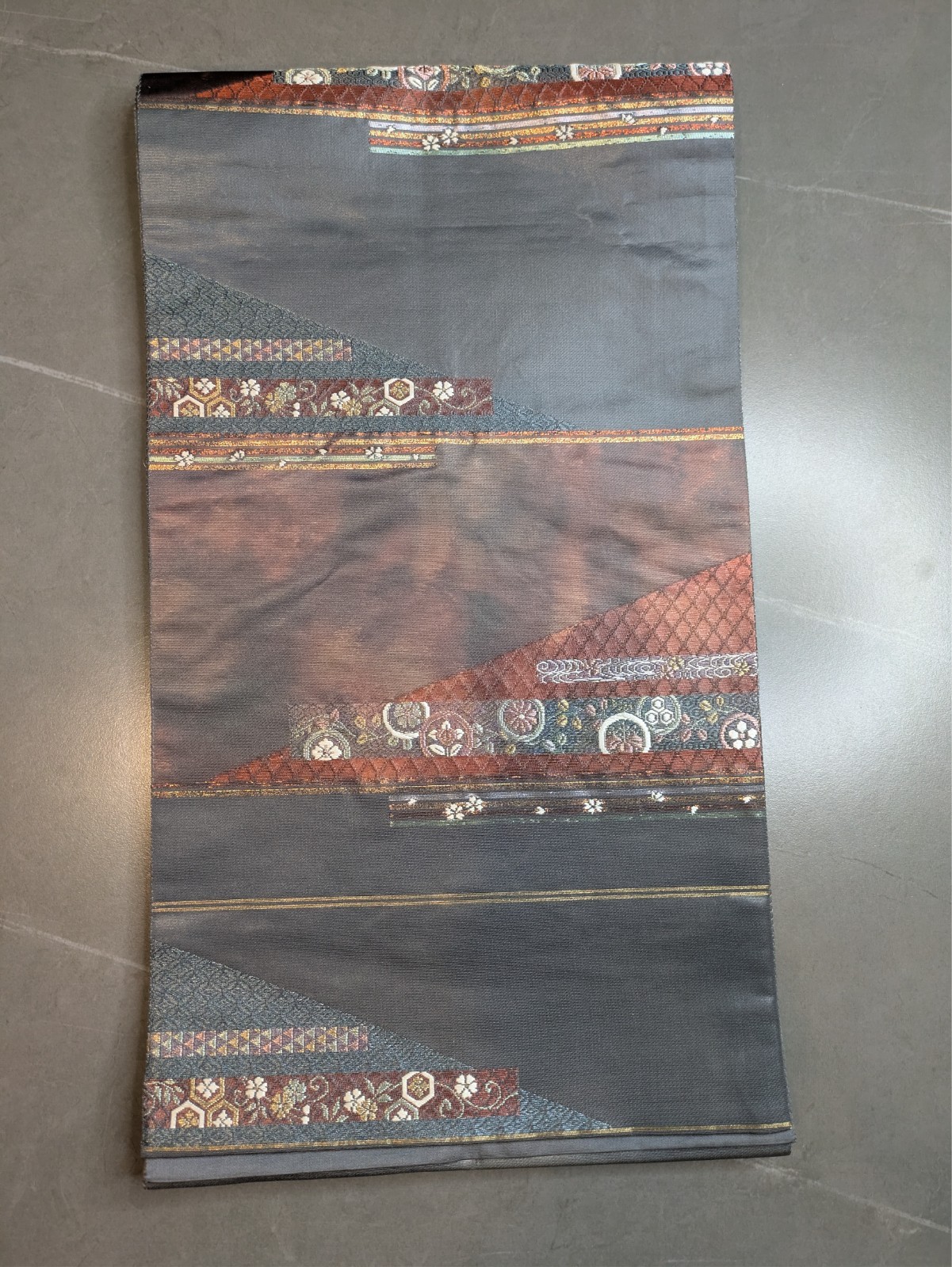 Vintage Japanese Kimono Silk Fukuro Obi Gray Geometric Brocade Textile Art