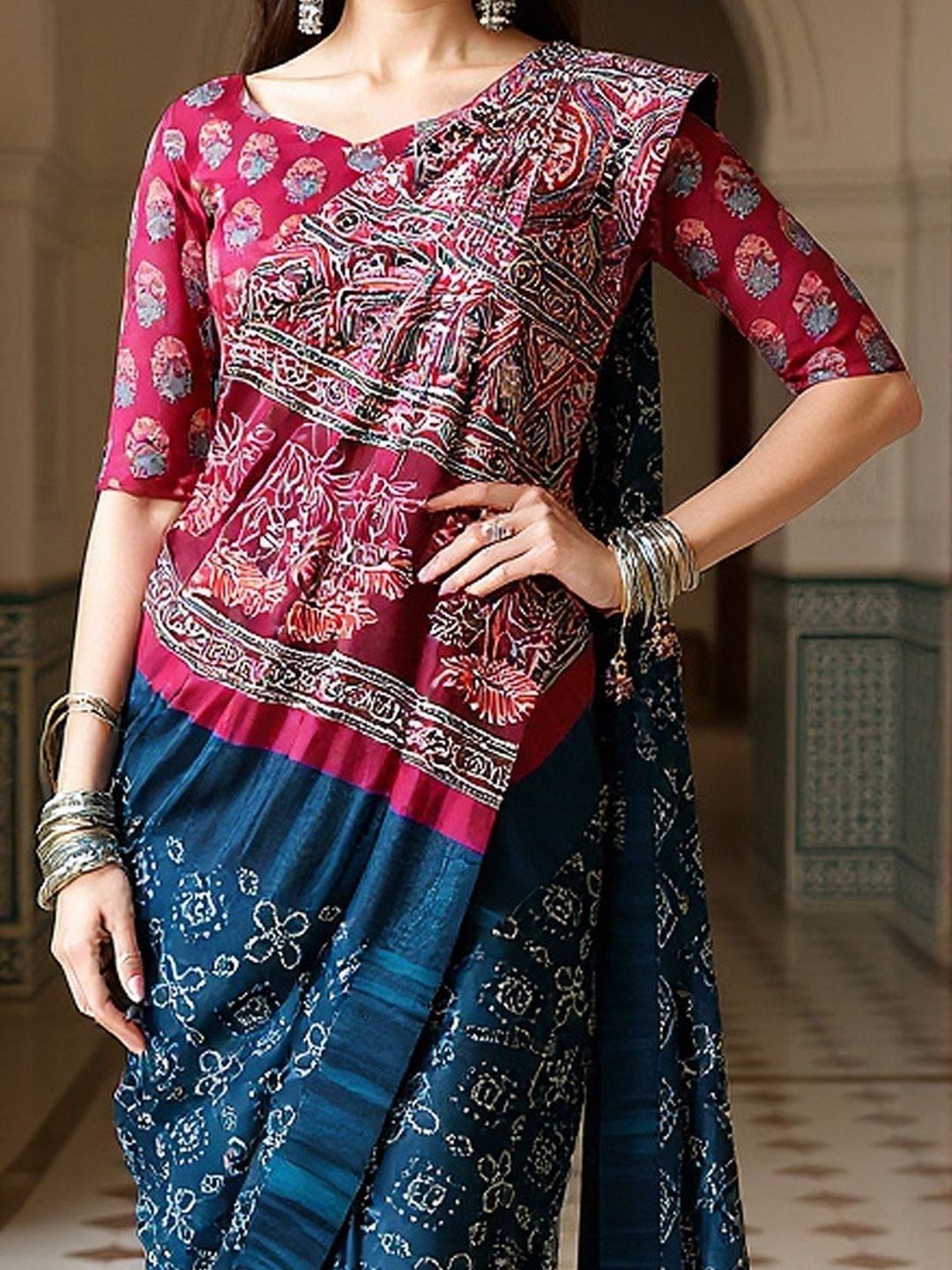 Designer Silk Blend Dabu Saree Ethnic Motifs Indian Traditional Sari with Blouse