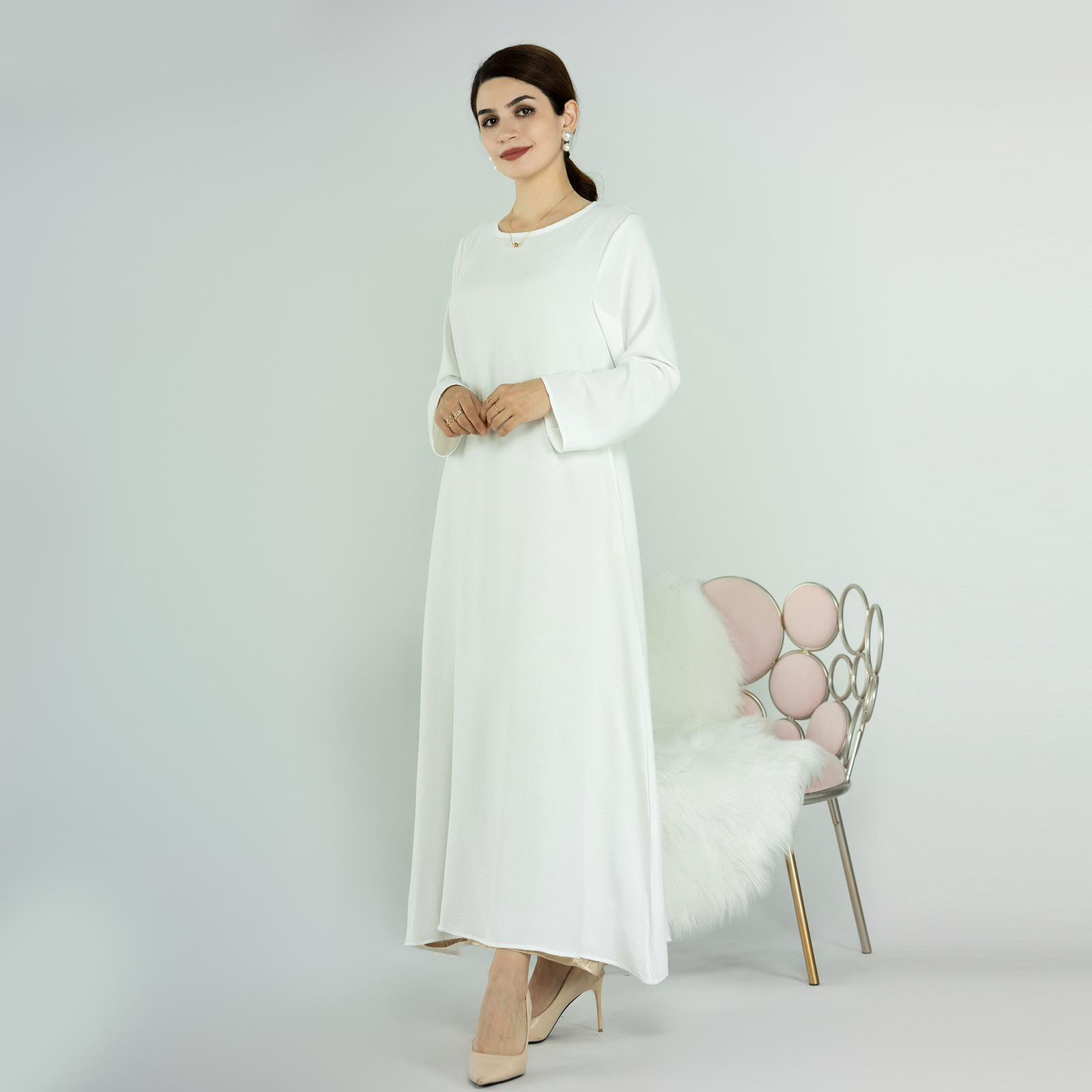 New Muslim Womens Simple Solid Color Long Sleeve Abaya Loose Robe Kaftan