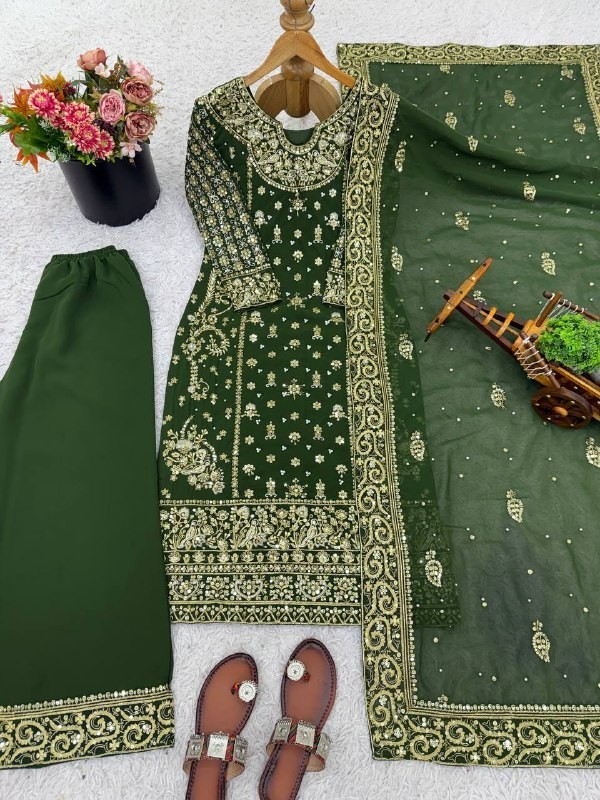 New Designer Green Heavy Viscose Velvet Top Palazzo And Dupatta For Party Wear
