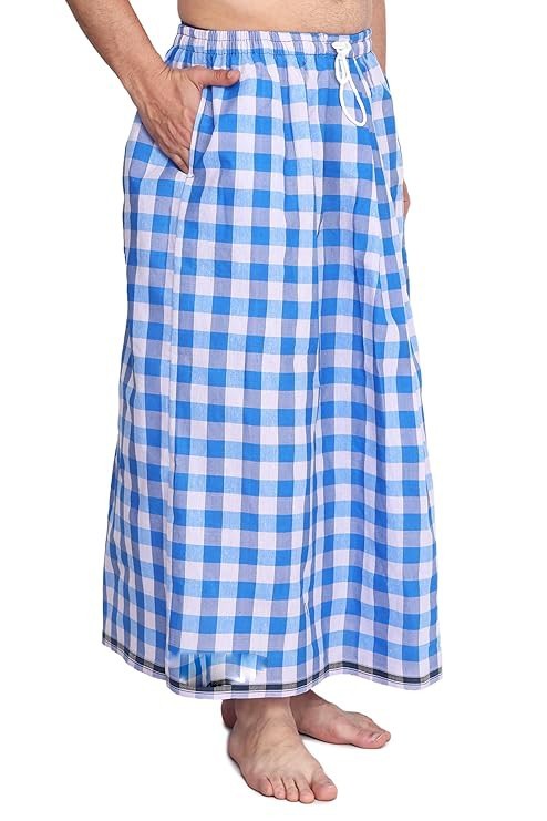 Elastic Premium Cotton Lungi Dhoti With Pocket Pack of 1 white Blue
