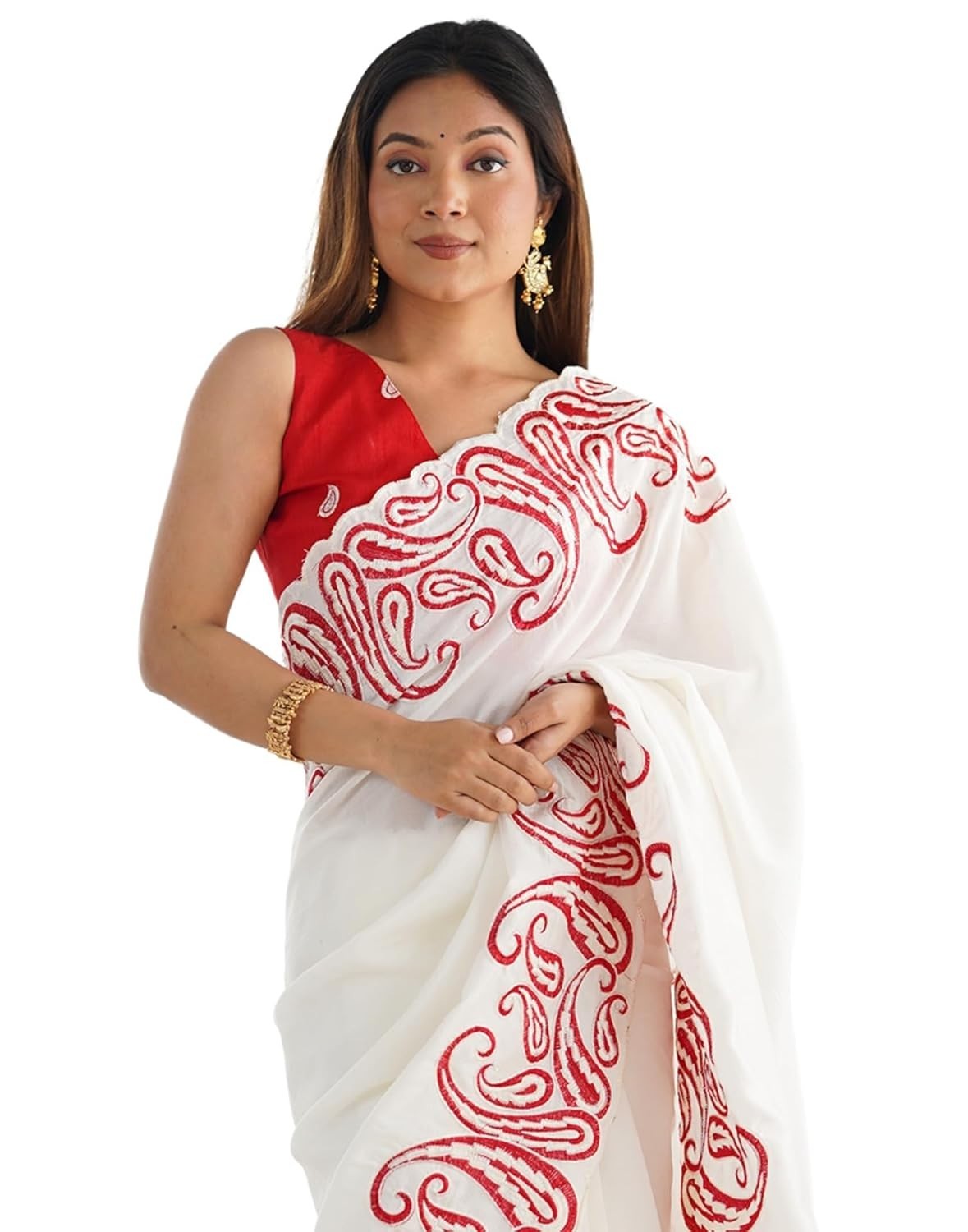 Women’s Silk Blend Embroidery Scalloped Border Saree With Unstitched Blouse Pice