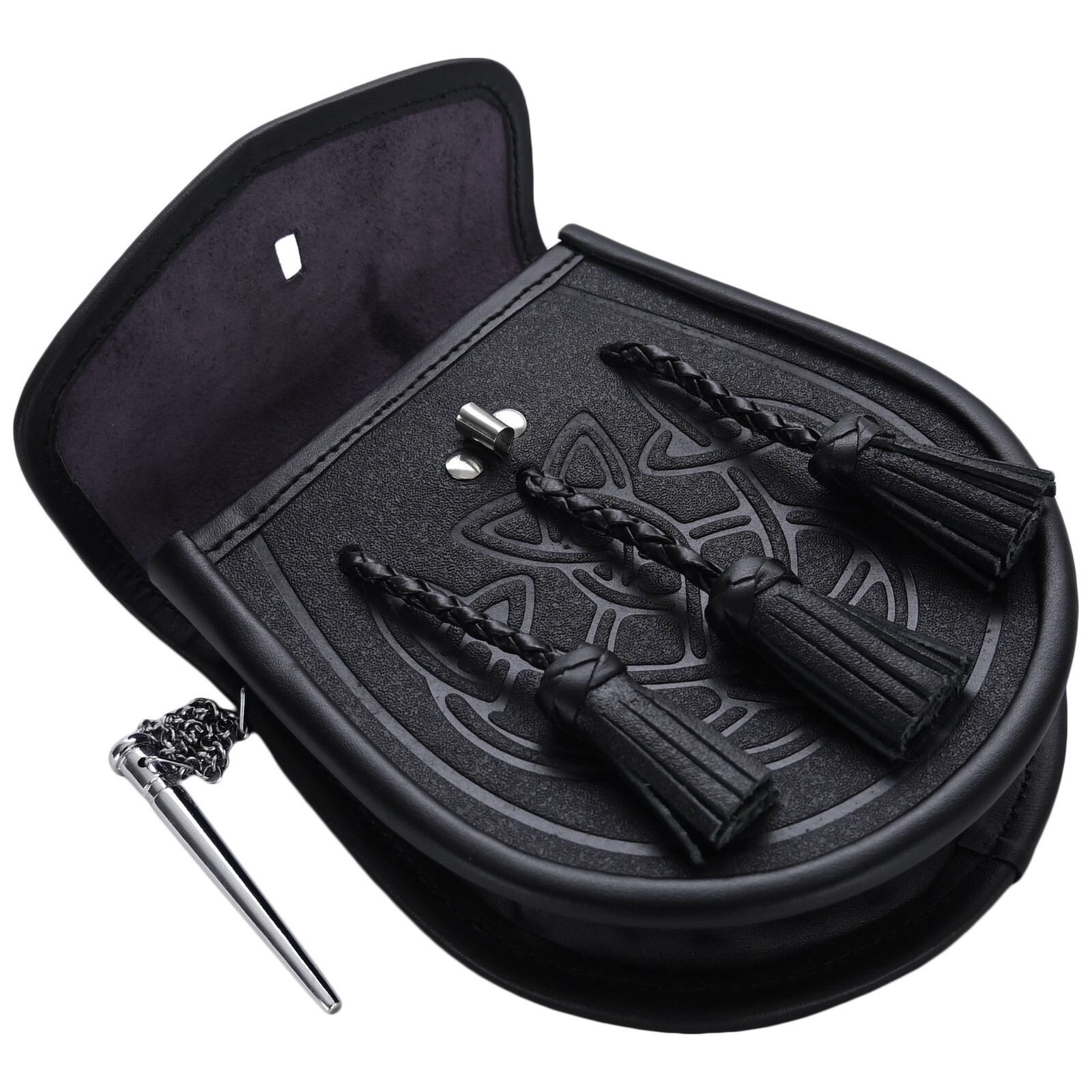Scottish Mens Kilt Sporran Celtic Embossed Pin Lock Highland Kilt Sporran Black