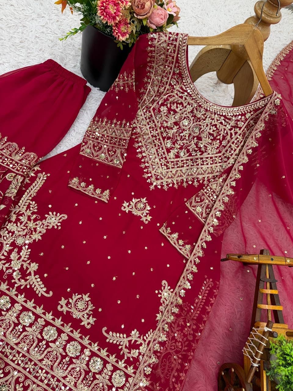 Maroon Designer Heavy Georgette Top Palazzo With Dupatta For Function Wear