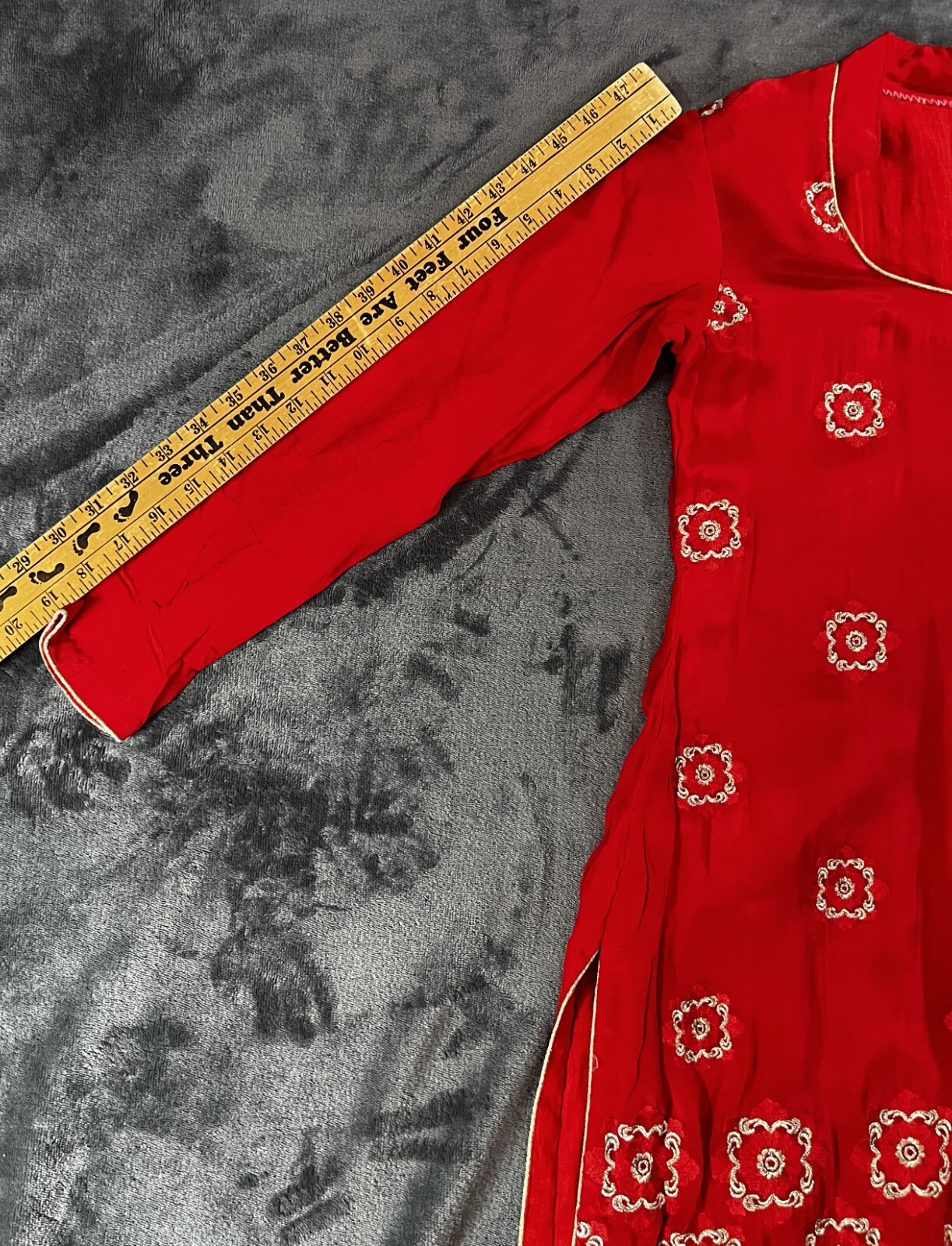 Hand Tailored Red Silk Embroidery Kurta/Dress Round Neck MEASUREMENTS IN LISTING