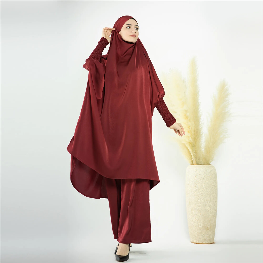 2pcs Set Abaya Women Muslim Prayer Tops Wide Leg Pant Prayer Khimar Islamic Arab