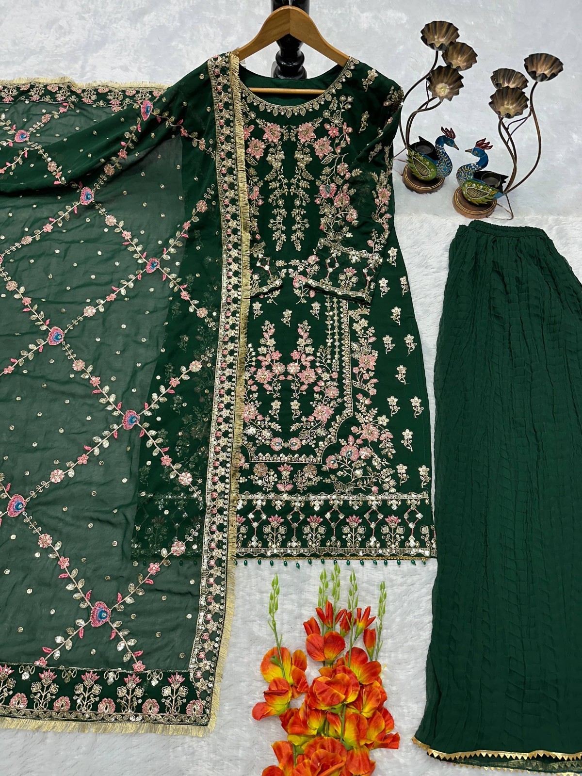 Stylish Heavy Faux Georgette Green Top Palazzo With Dupatta For Festival Wear