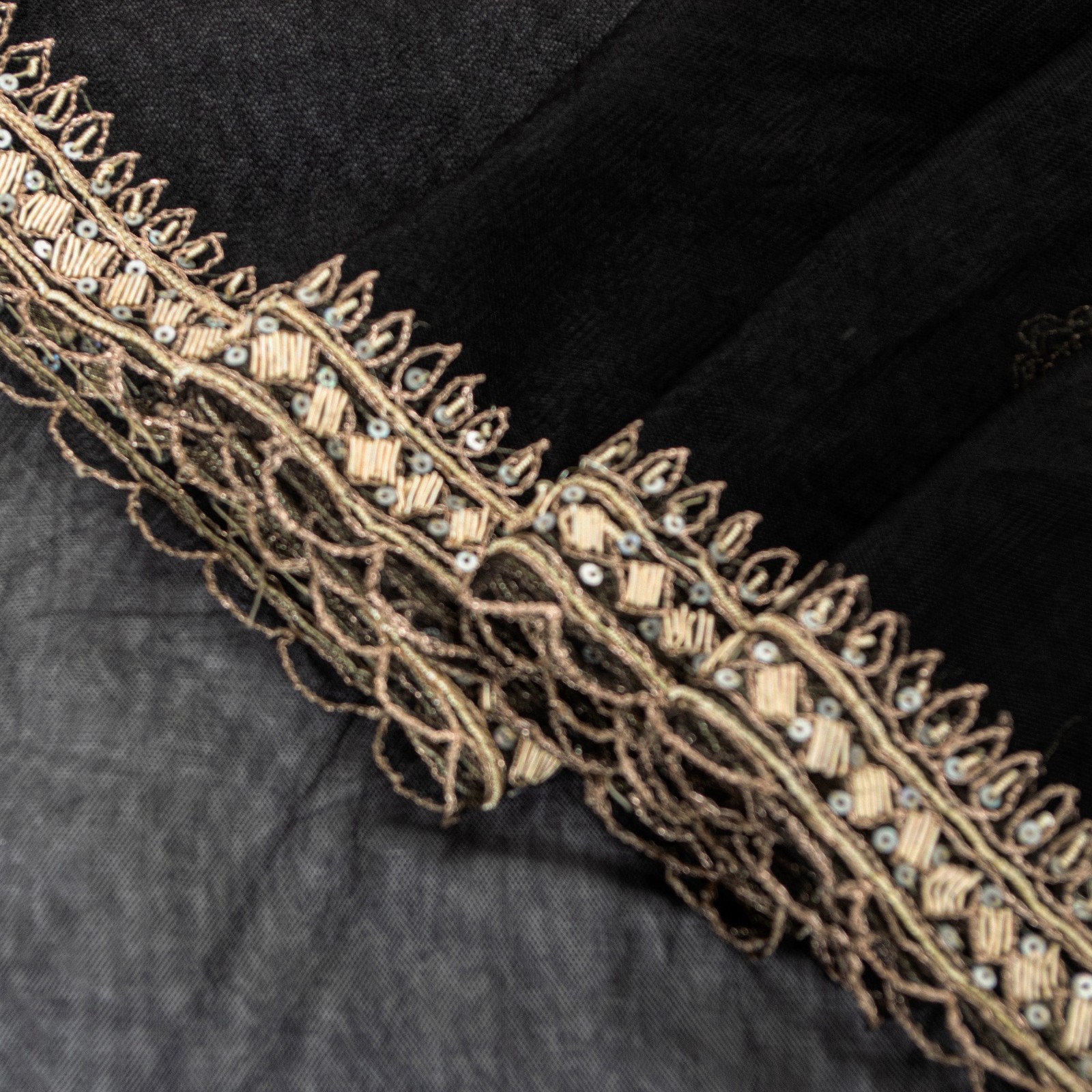 Sanskriti Vintage Black Net Mesh Saree Hand Embroidered Zardozi Dabka 6Yd Fabric