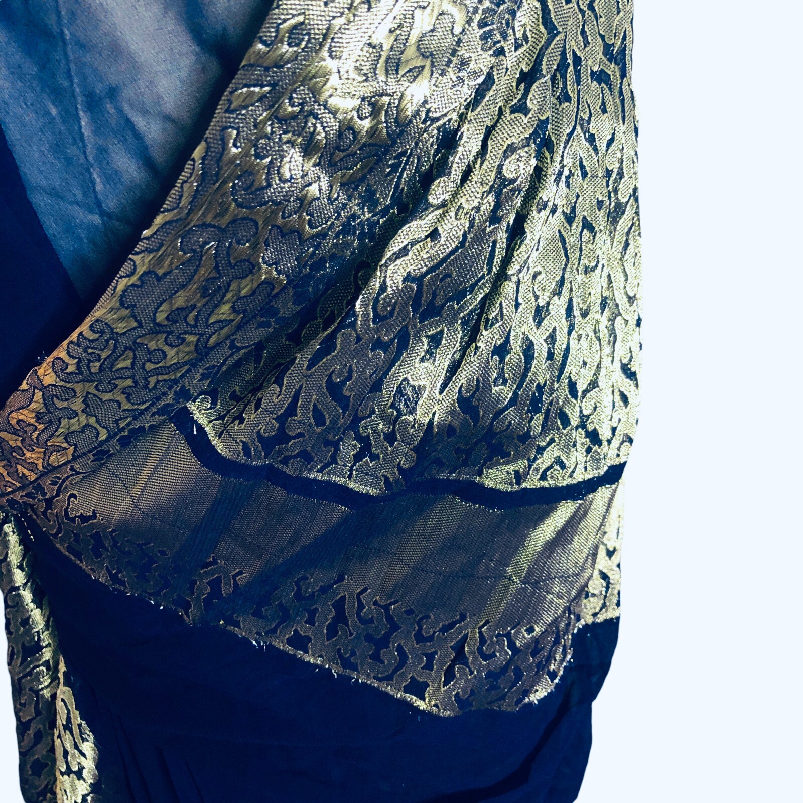 Saree Sari Sheer Navy Blue Gold Metallic Brocade Traditional India Scarf