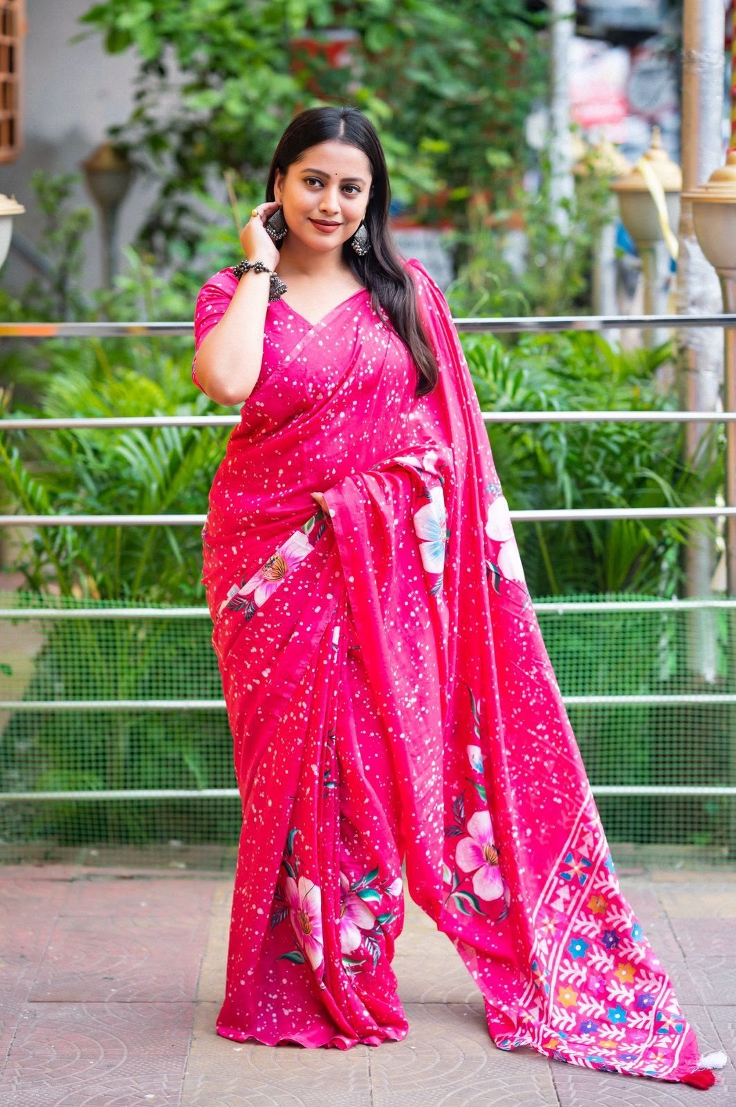 Pink Color Pure Chanderi hand Paint Batik Flower Print Tassels Pallu Saree Sari