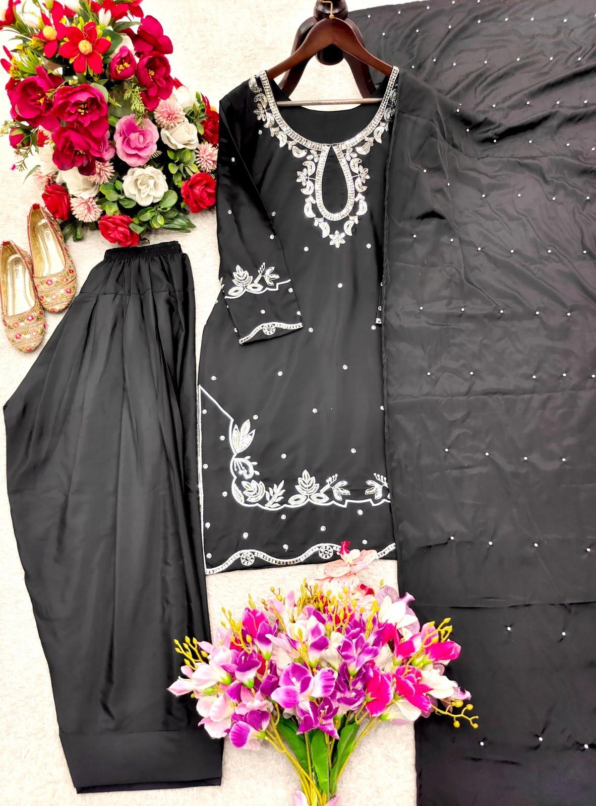 Women Readymade Natural Satin Farshi Palazzo Pakistani Party Wear Suit