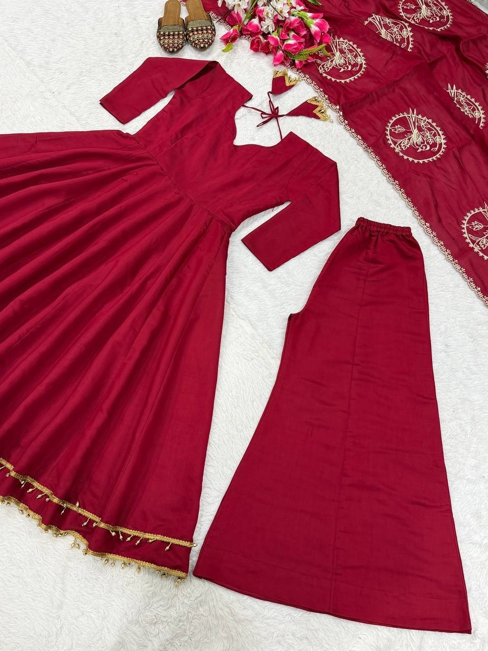 Ethnic Wear Maroon Roman Silk Palazzo Suit With Dupatta For Women & Girls