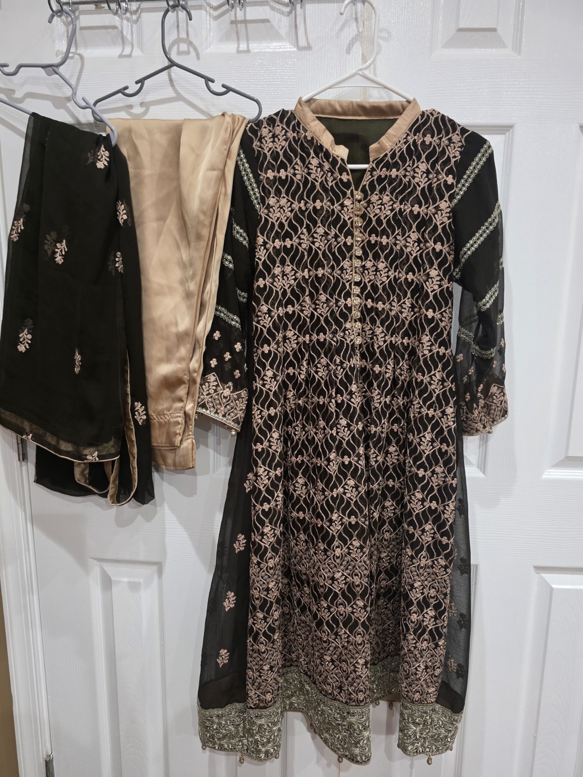 Brown & Gold Embroidered Chiffon Frock Shalwar Kameez Suit Set Size S