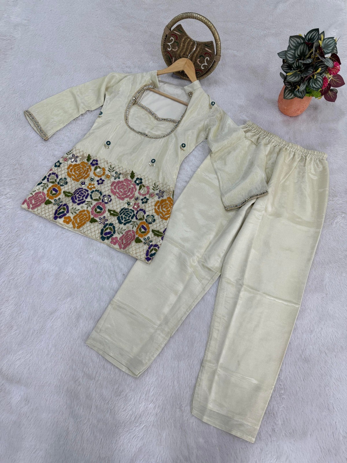 Cream Embroidered Short Kurti Palazzo Shimmer Tissue Silk Set For Women