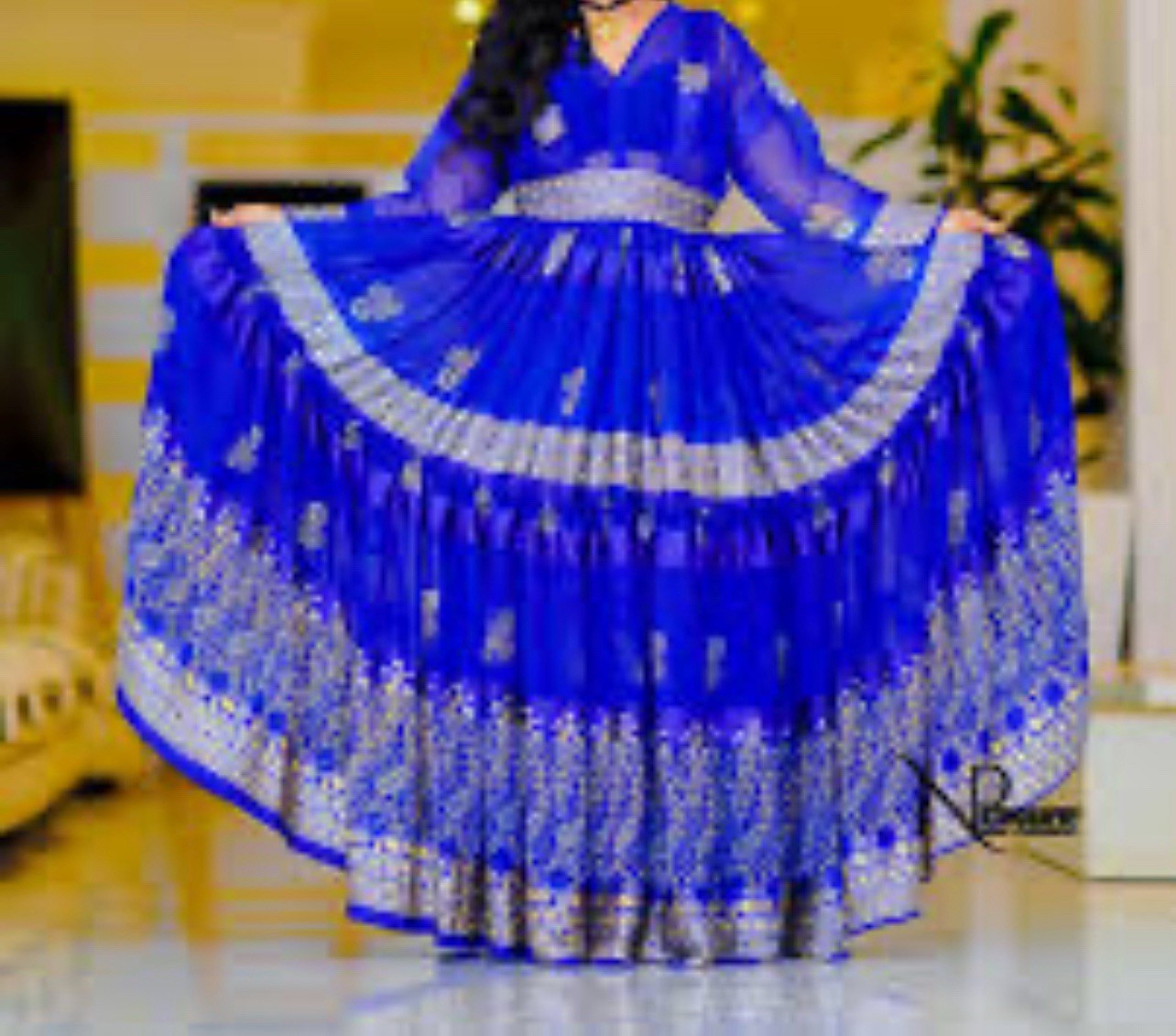 Royal Blue Ethiopian Traditional Dress with Gold Chiffon ￼ Embroidery –