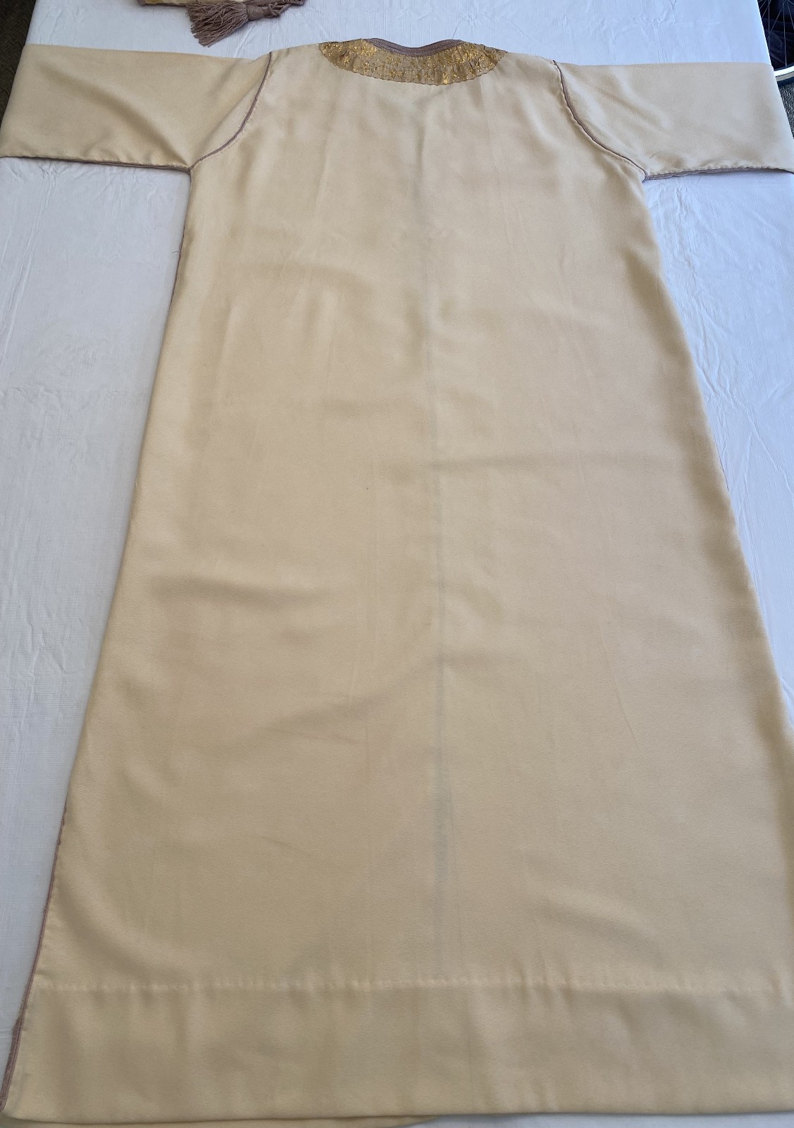 Vintage Moroccan Kaftan Gandoura Djellaba Cream and Gold with Hood