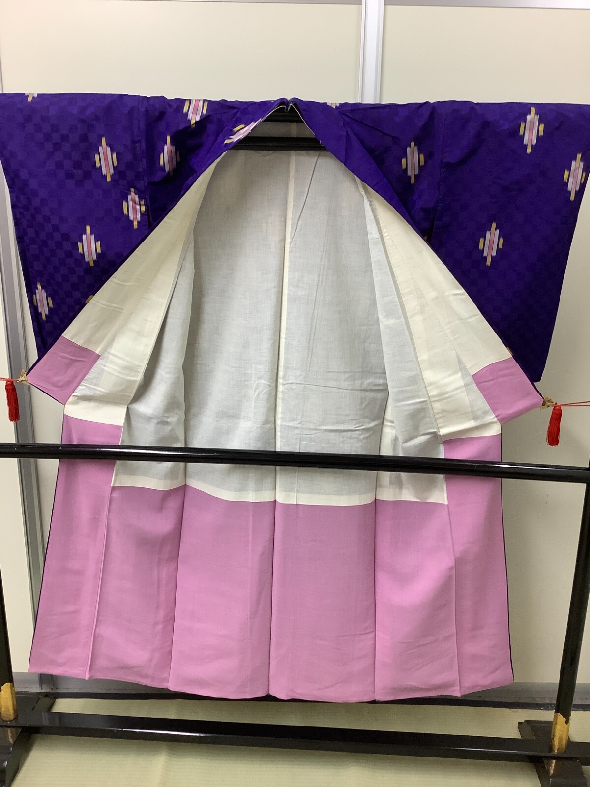 Japanese Vintage Kimono polyester blue purple tradition Height 59.84inch