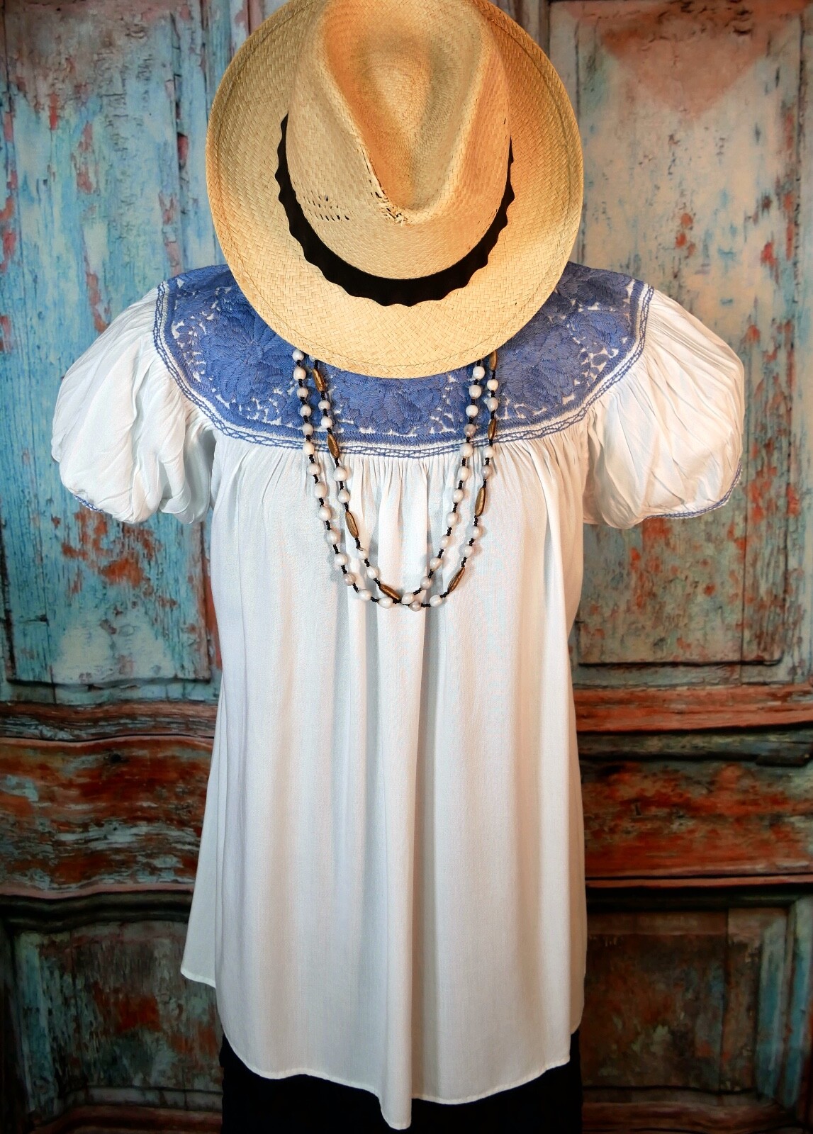 Sm Peasant Blouse Hand Embroidery Blue & White Rayon Fabric Mayan Chiapas Mexico