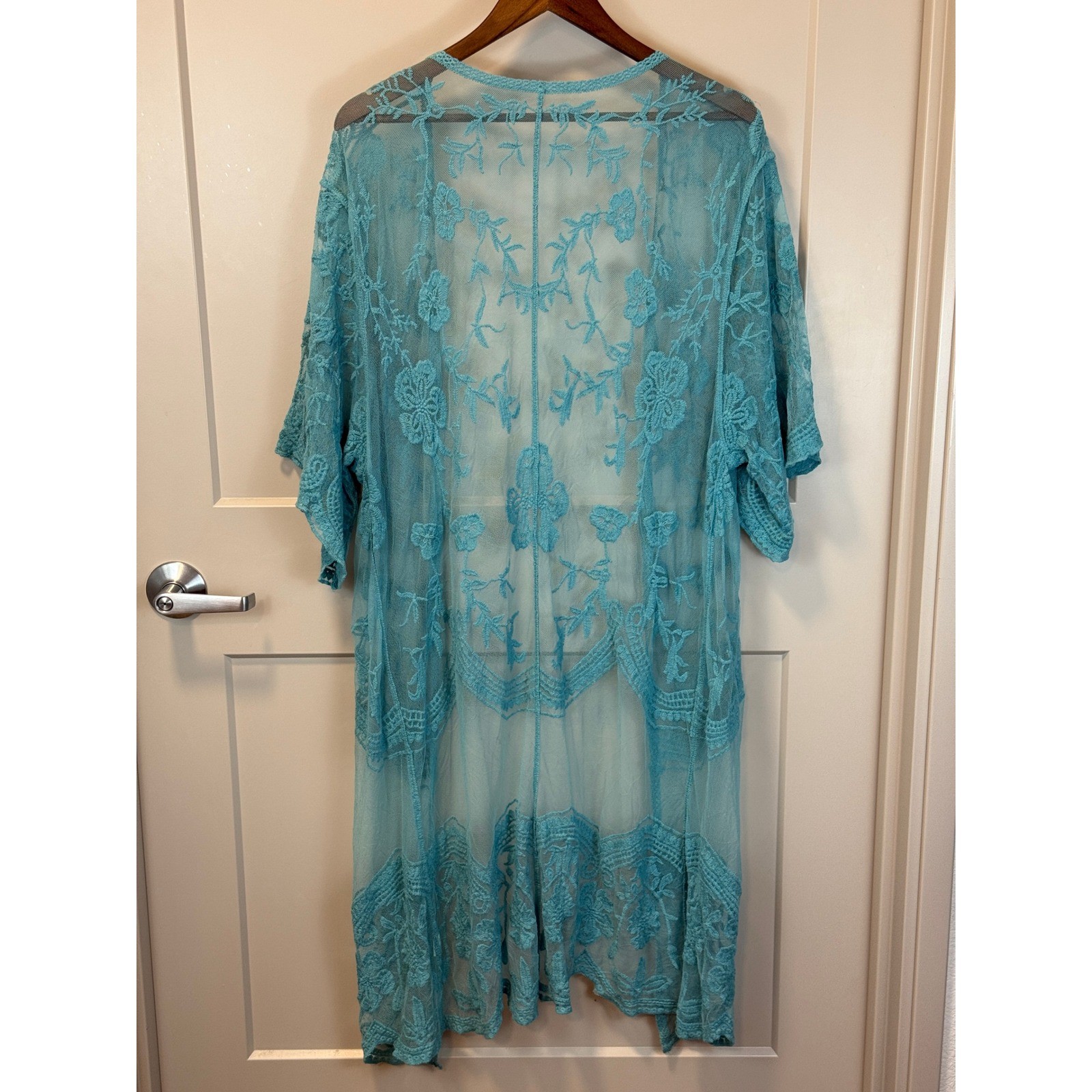 Woven Heart Aqua Floral Lace Long Kimono One Size Boho Cottagecore
