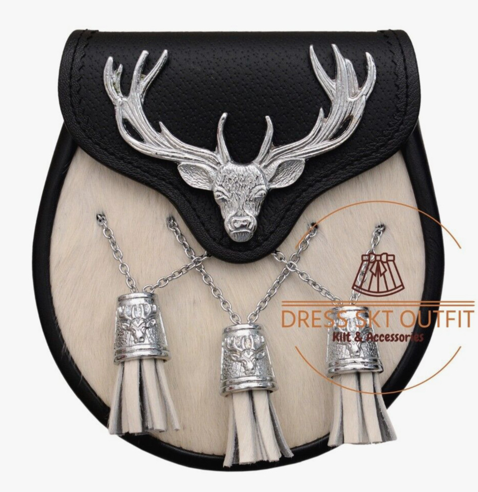 Scottish Real black Leather kilt sporran stag head design white bovine