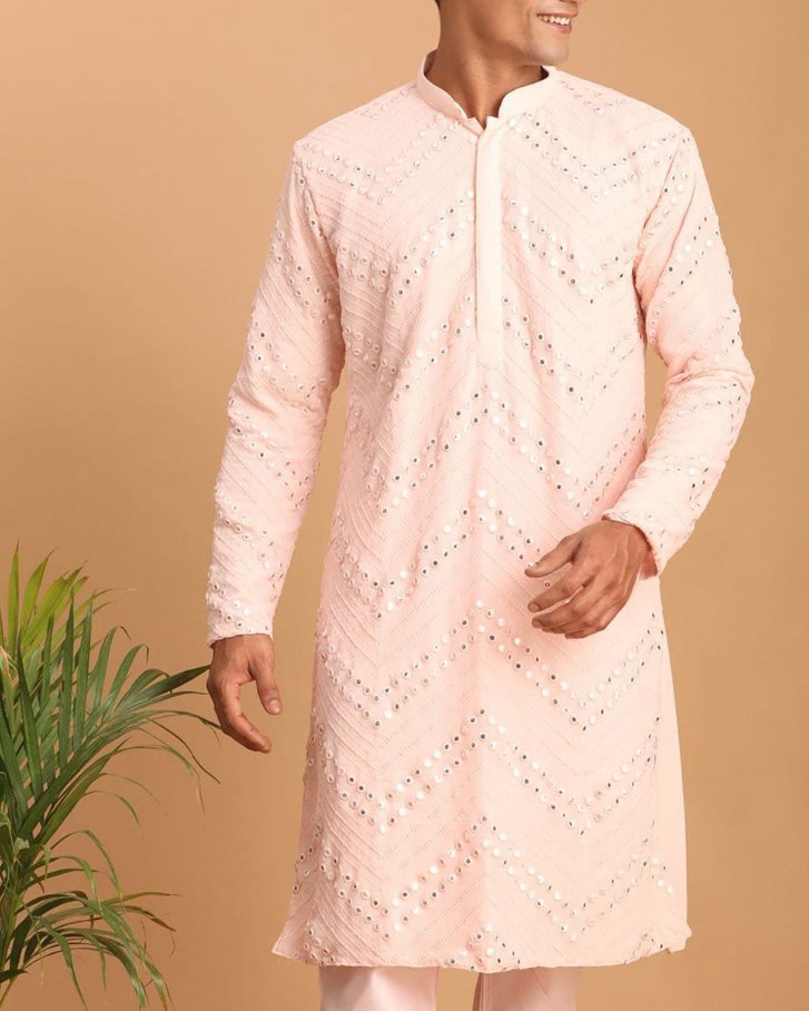 Men’s kurta Traditional Embroidered Mirror Work Georgette For Wedding Party Wear