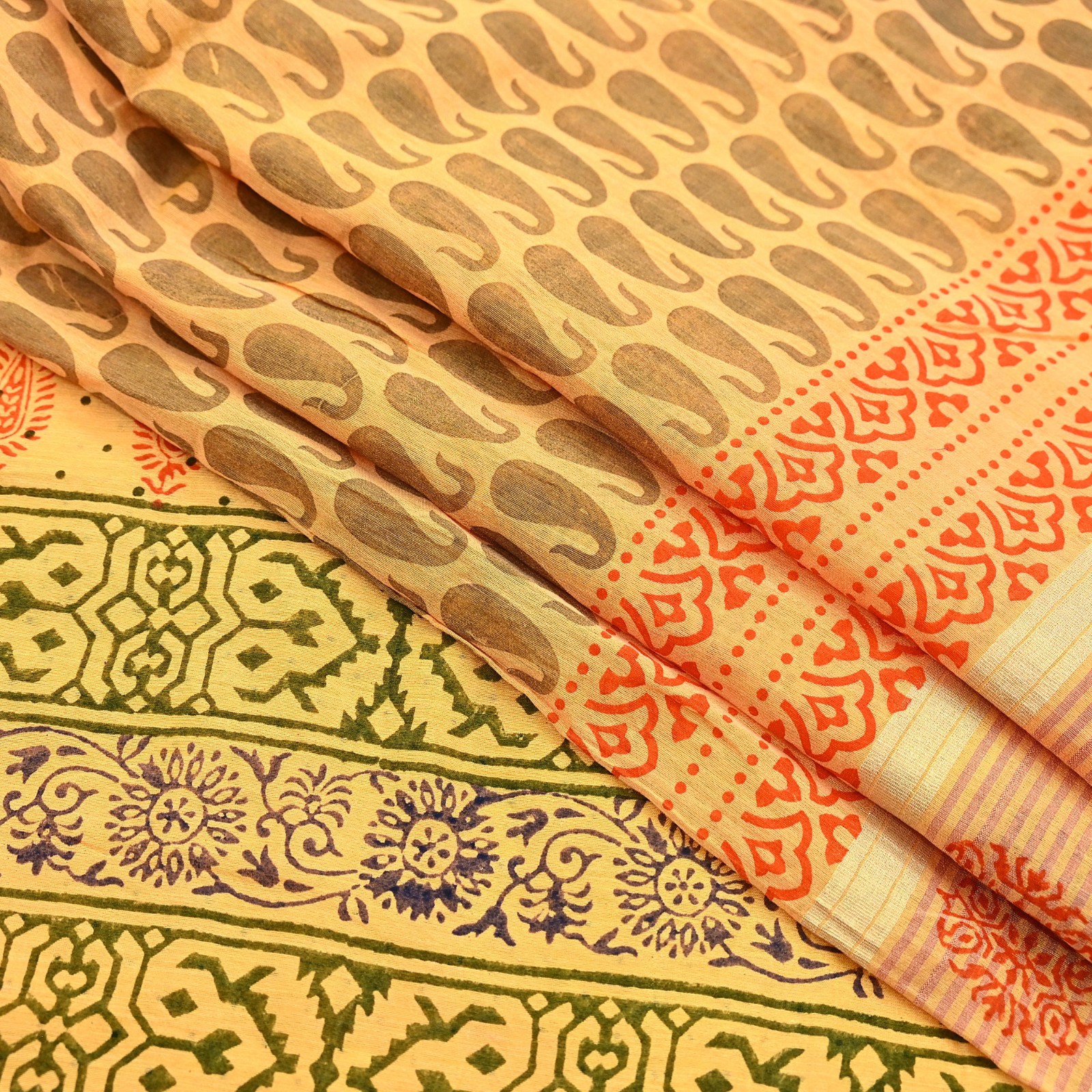 Indian Vintage Yellow Block Printed Pure Chanderi Silk Saree Floral Zari Fabric