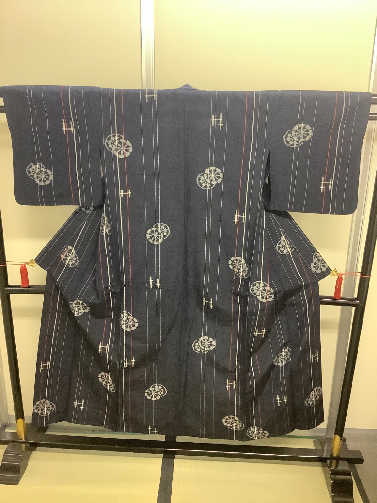 Japanese Vintage Kimono cotton navy blue circle line tradition Height 59.05in