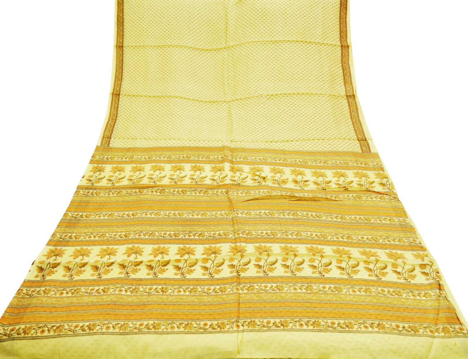 Indian Vintage Sari Beige Pure Silk Printed Sarees 5yd Sewing Craft Fabric Soft