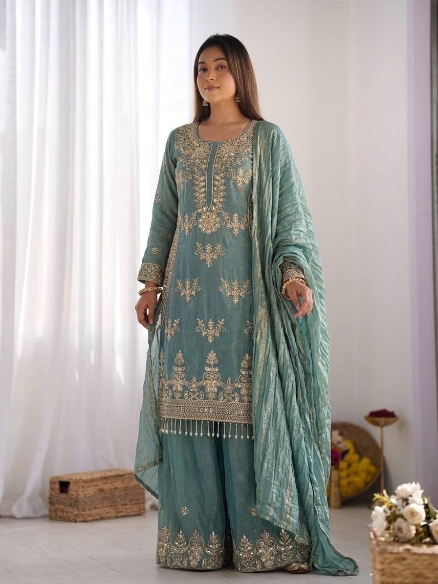 Designer Pakistani Readymade Silk Sharara Suit Embroidery Dupatta Set